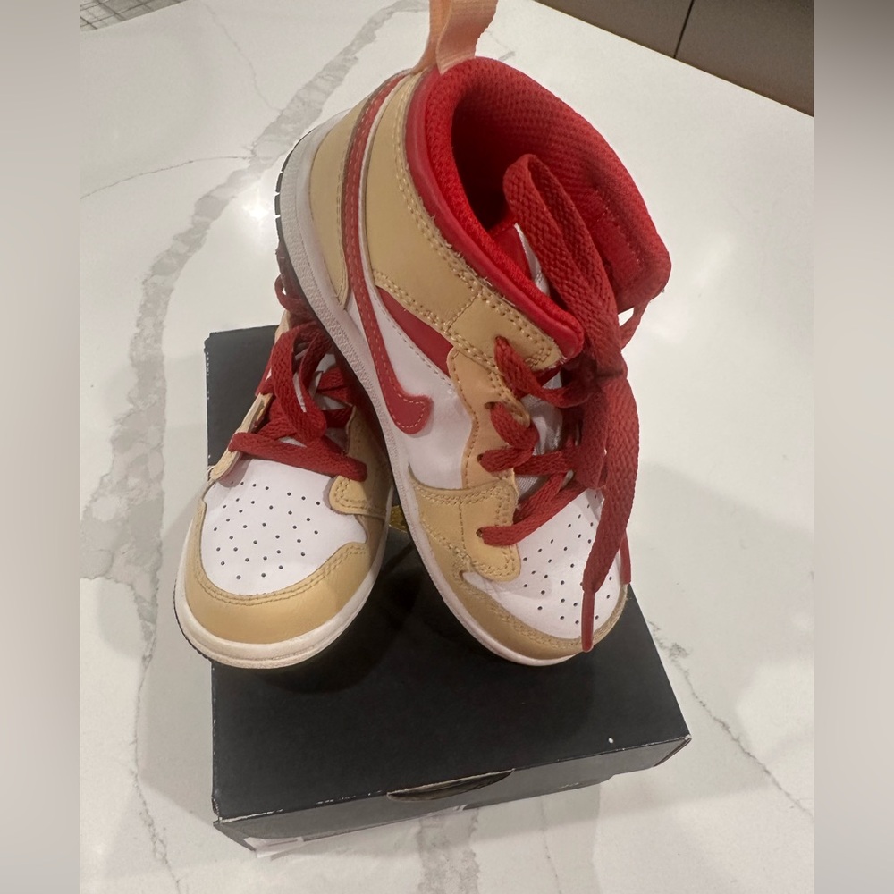 Nike kids Jordan 1 Mid Burgundy and Tan Sneakers